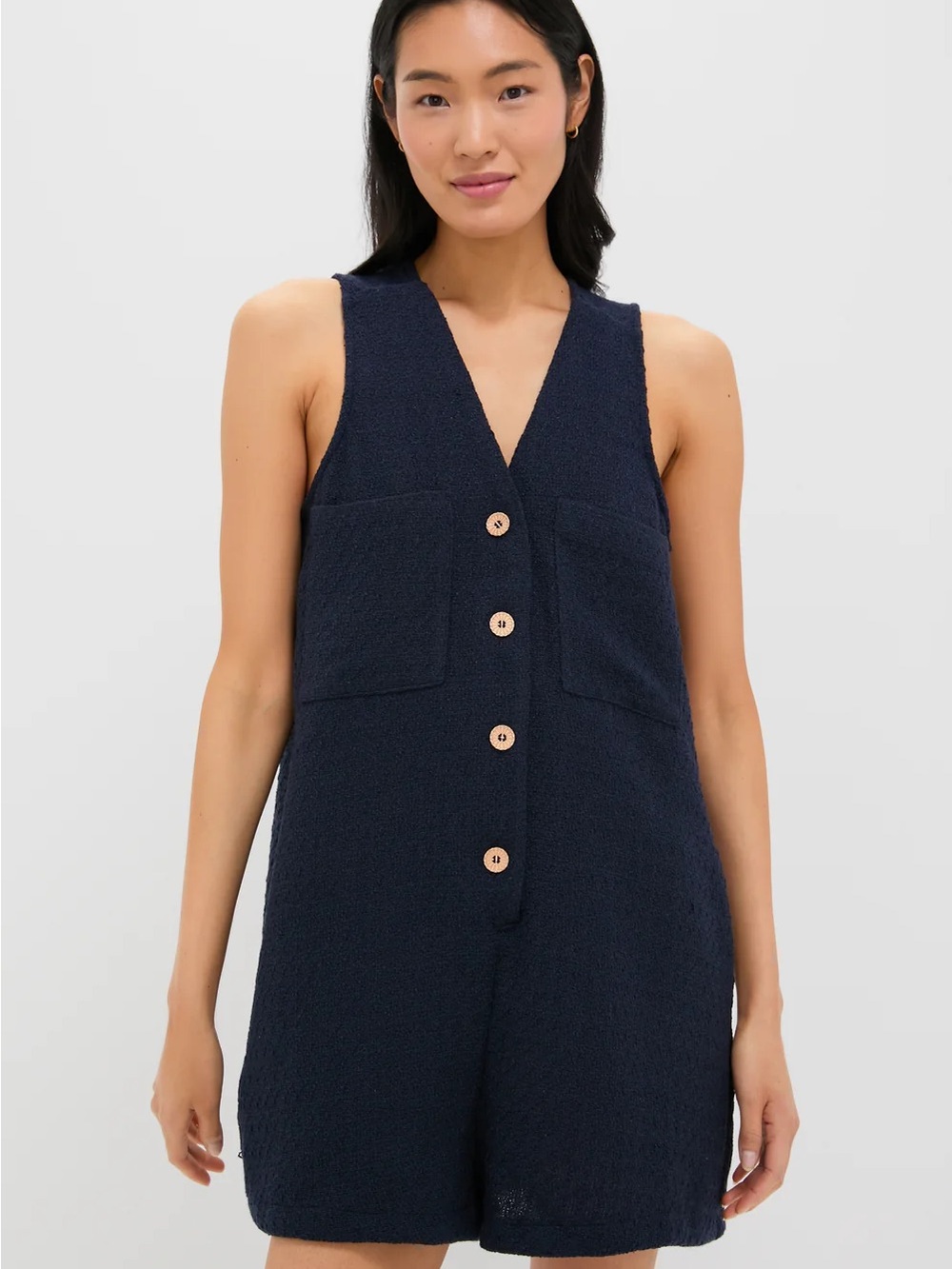 Sleeveless Navy Romper with Button Front